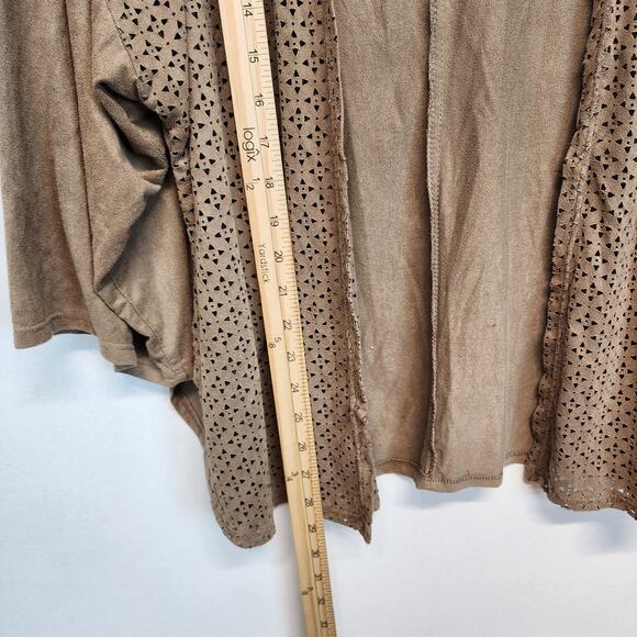 Cato Faux Suede Cardigan Size 18/20 Brown Laser Cutouts Open Neutral Minimalist - Picture 8 of 9